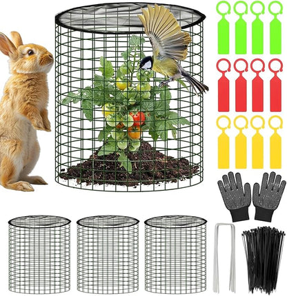 Plant Protector from Animals with Detachable Covers - 4 Pack 16”x 16" Wire Cage Cloches with Ground Stakes and Tools for Protecting Vegetable, Flower, Seedling