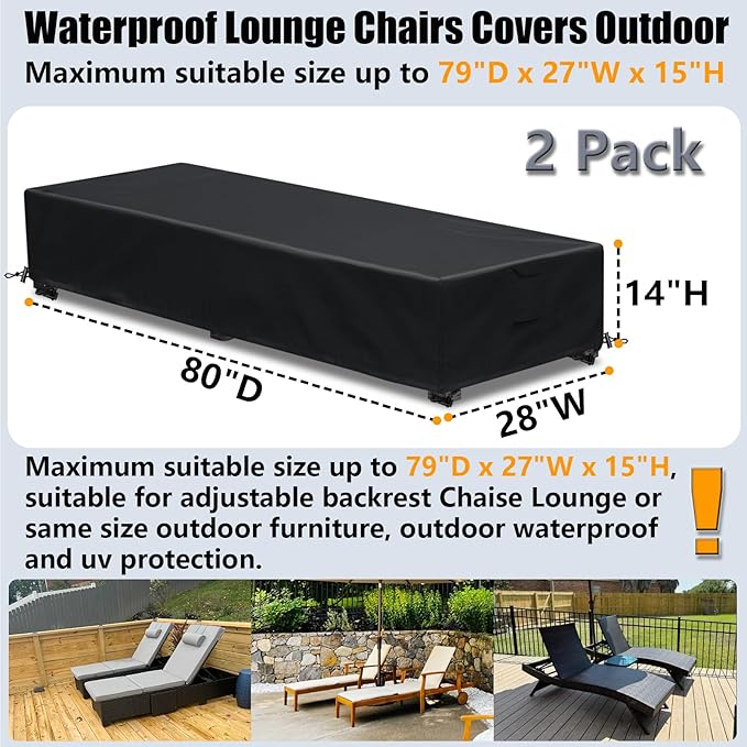 Waterproof Patio Lounge Chair Cover 2 Pack Outdoor Chaise Lounge Covers 600D Weather Resistant Material, UV Protection, Windproof Design Outside Furniture Covers 80" x 28" x 14" H,Black