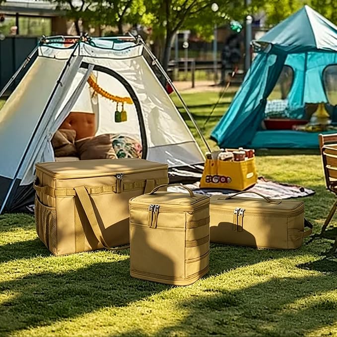 Tactical Camping Storage Bag, Utility Camping Tote Kitchen Organizer Storage Box, Trunk Organizer with Shoulder Strap,Outdoor Garden Tool Bag for Camping, Travel, Picnic (02-khaki)