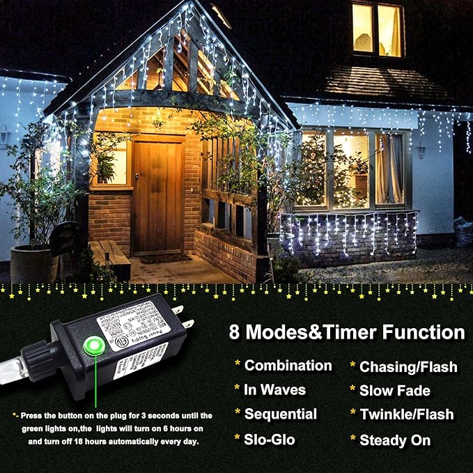 99ft 1216 LED Icicle Christmas Lights Outdoor - 8 Modes Icicle Lights with 228 Drops, Waterproof Plug in Fairy Curtain Light with Timer Memory for Party Holiday Wedding Decorations, Cool White