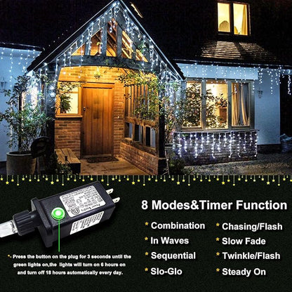 99ft 1216 LED Icicle Christmas Lights Outdoor - 8 Modes Icicle Lights with 228 Drops, Waterproof Plug in Fairy Curtain Light with Timer Memory for Party Holiday Wedding Decorations, Cool White