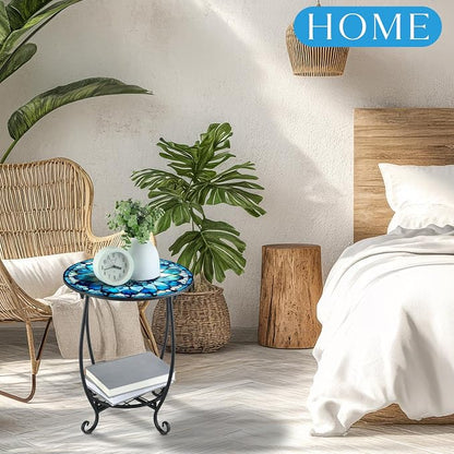 Cinnvoice Outdoor Side Table Round Small Mosaic Patio Accent Indoor End Plant Coffee Tea Table for Yard Patio Porch Garden Living Room, Bedroom(Mandala Style,12 Inch)