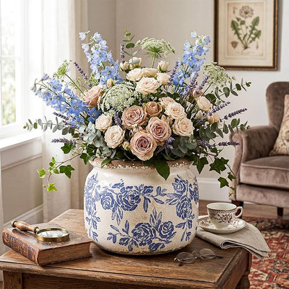 7.7" Large Vintage Ceramic Plant Pot Blue White Rose Crackle Glaze Rustic Flowers Pot Decorative Planter with Drainage for Indoor Outdoor Plants Kitchen Office Home Decor Gift