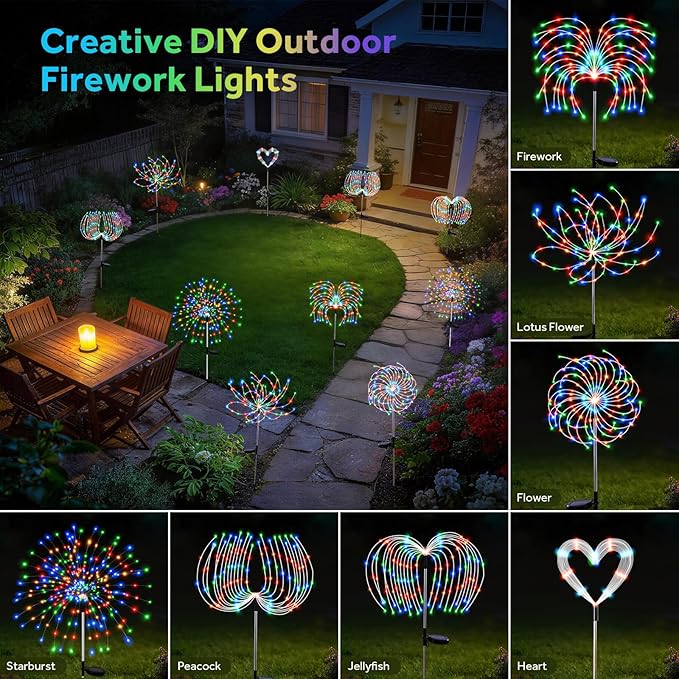 2 Pack 300 LED Solar Garden Lights Outdoor Waterproof Decorative, 8 Modes Firework Lights Solar Powered, Multicolor Sparkler Fairy Light for Yard Patio Pathway Lawn Landscape Flowerbed Party Decor