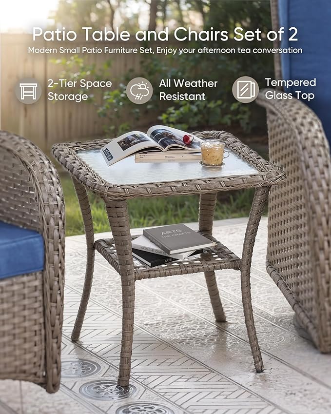 HUMMUH Patio Side Table Outdoor PE Wicker,Rattan End Table Glass Top Coffee Table with Storage Grey