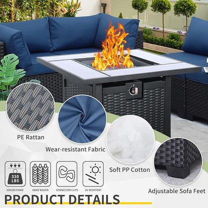 WAROOM Outdoor Patio PE Wicker 5 Piece Furniture Set, Black Rattan Sectional Conversation Sofa Chair with Square Propane Fire Pit Table, Navy Blue Cushion