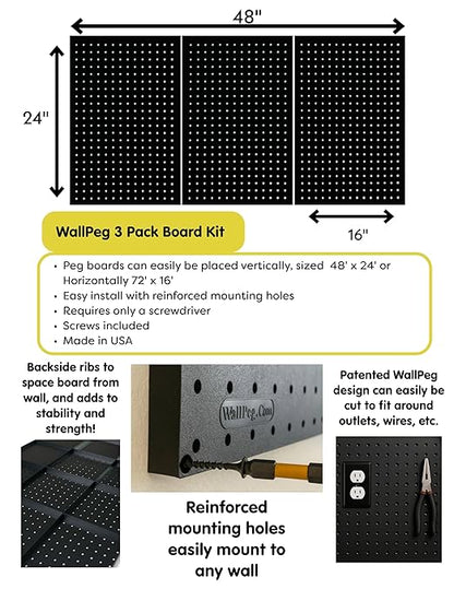 WallPeg Pegboard Kit - 3 ea. 24"x16" Black Peg Boards Panels - Made in USA