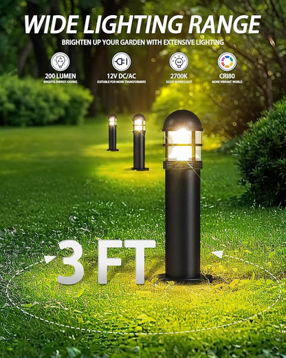 2 Pack 12V LED Bollard Pathway Lights, High Brightness 200LM, IP67 Waterproof Yard Walkway Lighting, Cast-Aluminum, 2700K Warm White for Outdoor Garden Decor