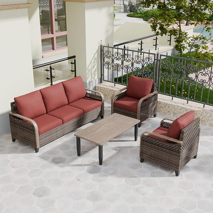 COOS BAY Modern Wicker Outdoor Furniture Set, Patio Conversation Set with Patio Chairs, 3 Seat Couch, and Side Table, 4 Piece, Brown/Red