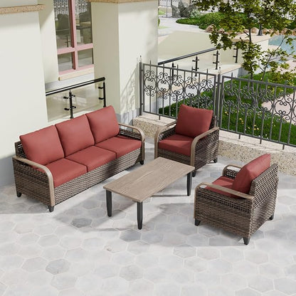 COOS BAY Modern Wicker Outdoor Furniture Set, Patio Conversation Set with Patio Chairs, 3 Seat Couch, and Side Table, 4 Piece, Brown/Red