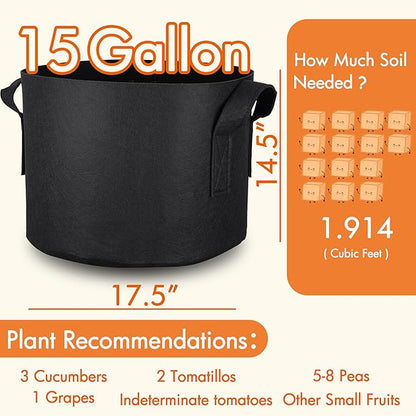 Gardzen 6-Pack 15 Gallon Grow Bags, 300G Thickened Nonwoven Fabric Pots with Handles, Heavy Duty Aeration Plant Bags for Gardening and Container Growing