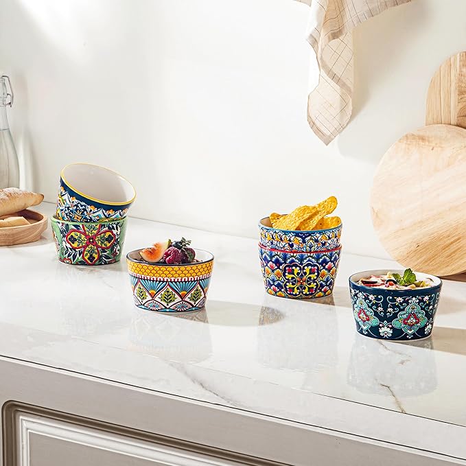 8 oz Ceramic Ramekins Set of 6, Bohemian Baking Bowls & Soufflé Cups | Oven Safe, Ideal for Soufflés, Crème Brûlée, Pot Pies, Mac & Cheese, Dips & Single-Serve Meals