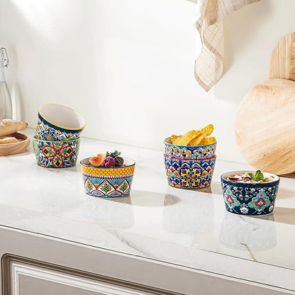 8 oz Ceramic Ramekins Set of 6, Bohemian Baking Bowls & Soufflé Cups | Oven Safe, Ideal for Soufflés, Crème Brûlée, Pot Pies, Mac & Cheese, Dips & Single-Serve Meals