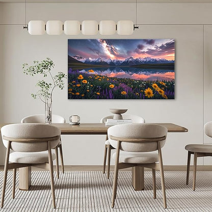 JLXART Wall Sunflower Artwork Art Yellow Floral Field Canvas Mountain Landscape Print for Living Room Framed 30x58inch