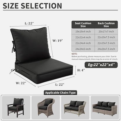 Premium Outdoor Seat Cushion Chair Cushions for Patio Furniture 22 L X 22 W X 4 H Waterproof & Fade Resistant Deep Seat and Backrest Cushion Set with Removable Covers for Chair, Sofa