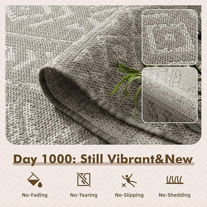 MontVoo-Outdoor Rug-Patio Rug 5x7 ft Polypropylene Indoor Outdoor Rugs Outdoor Carpet for Patio Deck Balcony Porch, Textured Weave, Durable for High Traffic, Fade-resistant, Boho Farmhouse Silver Grey