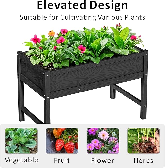 HDPE Raised Garden Planting Bed with Legs,Garden Boxes Outdoor Raised with Drainage Hole Rot-Resistant,Raised Beds for Gardening for Backyard, Patio, Balcony 300 lb Capacity (Black)