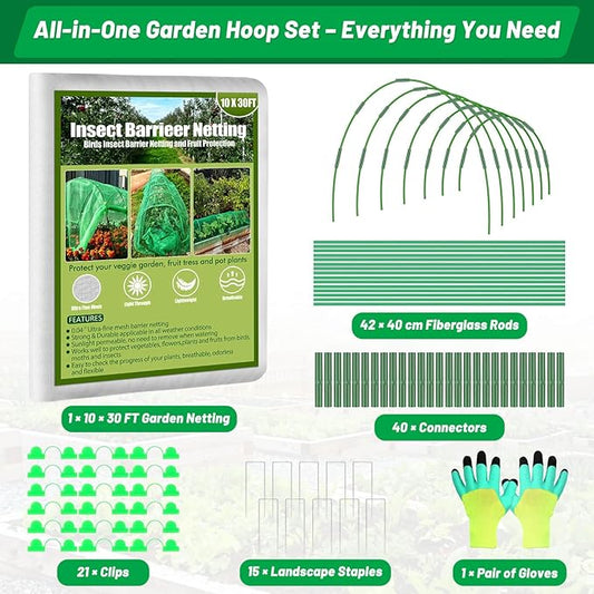 Tetutor Garden Mesh Netting Kit,7 Sets Wide Garden Hoops with 10x30 ft Garden Covers Bird Netting& 12 Clips, Garden Protection for Raised Beds Greenhouse Vegetable Plants Flowers Green