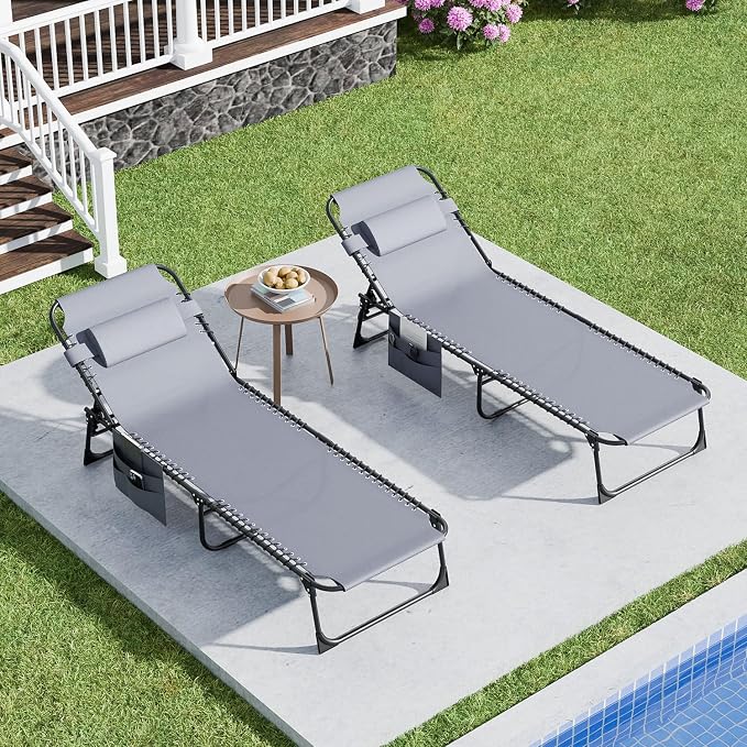 EBE Outdoor Lounge Chair Set of 2, Portable Patio Sun Tanning Chairs with 4-Position Reclining Back, Pool Chaise Lounge Chair with Detachable Pillow and Side Pocket for Beach, Poolside, Grey