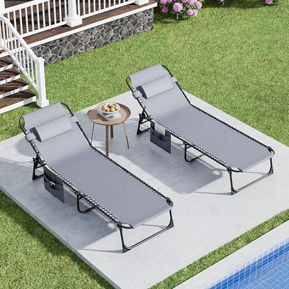 EBE Outdoor Lounge Chair Set of 2, Portable Patio Sun Tanning Chairs with 4-Position Reclining Back, Pool Chaise Lounge Chair with Detachable Pillow and Side Pocket for Beach, Poolside, Grey