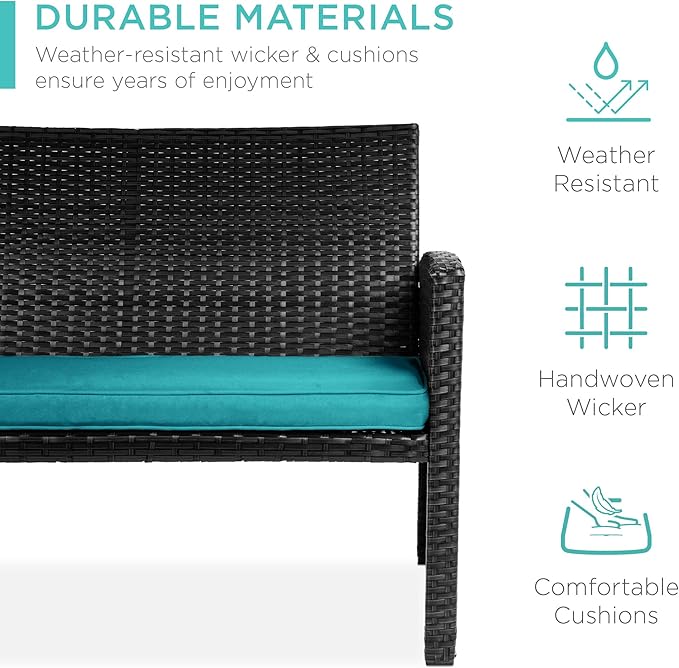 Best Choice Products 4-Piece Outdoor Wicker Patio Conversation Furniture Set for Backyard w/Coffee Table, Seat Cushions - Black/Teal