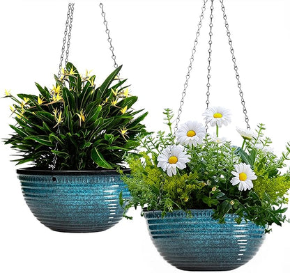12 inch Large Hanging Planters for Indoor Outdoor Plants, Set of 2 Glazed Hanging Flower Pots with Drainage Hole, Hanging Baskets for Garden Home Porch Decor