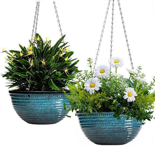 12 inch Large Hanging Planters for Indoor Outdoor Plants, Set of 2 Glazed Hanging Flower Pots with Drainage Hole, Hanging Baskets for Garden Home Porch Decor