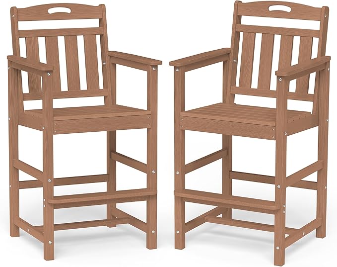 Ciokea Oversized Tall Bar Chairs Set of 2, HDPE Adirondack Outdoor Bar Chairs with Footrest, All-Weather Barstools with High Back for Balcony, Bistro, Porch, Deck, Pool, Backyard, Teak