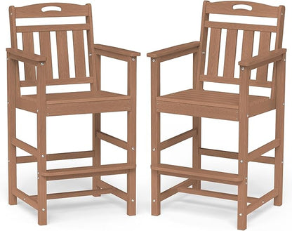 Ciokea Oversized Tall Bar Chairs Set of 2, HDPE Adirondack Outdoor Bar Chairs with Footrest, All-Weather Barstools with High Back for Balcony, Bistro, Porch, Deck, Pool, Backyard, Teak