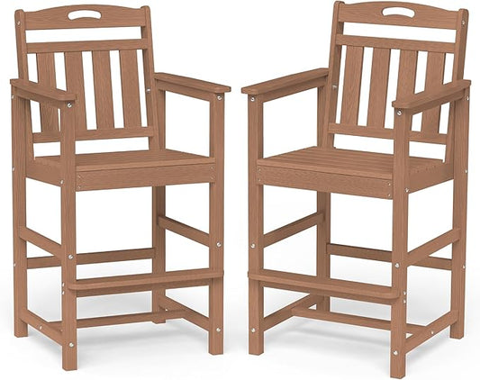 Ciokea Oversized Tall Bar Chairs Set of 2, HDPE Adirondack Outdoor Bar Chairs with Footrest, All-Weather Barstools with High Back for Balcony, Bistro, Porch, Deck, Pool, Backyard, Teak