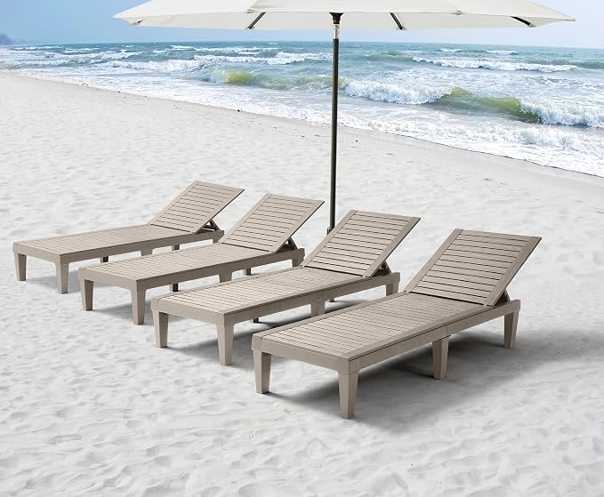 Nestl Sun Tanning Chair - Sand Beige Chaise Lounge Chair Outdoor, Lightweight Pool Lounge Chairs Set of 6, Adjustable 5-Position Reclining Lawn Chair, Waterproof Beach Outdoor Lounge Chairs