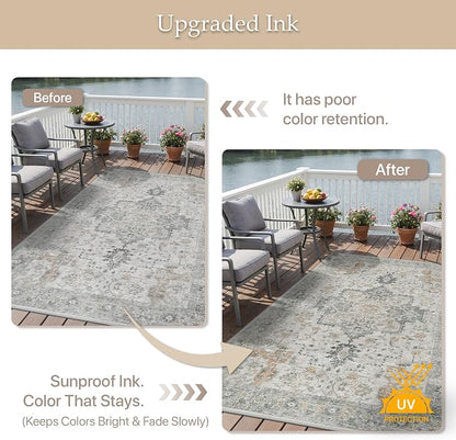 GENIMO Outdoor & Indoor Area Rug 2'x 3', Waterproof, Non-Shedding, Easy Cleaning, Boho Mat for Patio, Living Room, Balcony, Dining Room, RV, Deck, Bedroom, Camping, Outside Carpet,Light Grey Brown