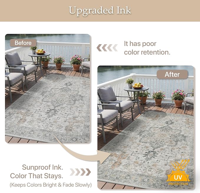 GENIMO Outdoor & Indoor Area Rug 10'x14', Waterproof, Non-Shedding, Easy Cleaning, Boho Mat for Patio, Living Room, Balcony, Dining Room, RV, Deck, Bedroom, Camping, Outside Carpet,Light Grey Brown
