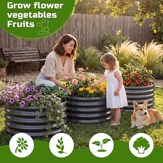 AHEONLAR 3PCS 2x2x2ft Galvanized Raised Garden Bed Kit Round Metal Flower Box Large Planter Raised Beds Outdoor Garden for Planting,Fruit,Herb Grey