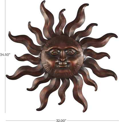 Deco 79 Metal Sun Home Wall Decor Wall Sculpture with Smiling Face and Curved Rays, Wall Art 32" x 1" x 35", Bronze