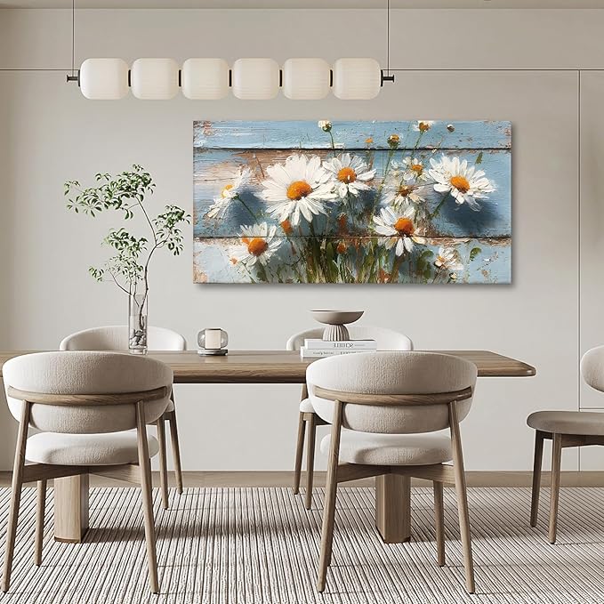JLXART White Daisy Flowers Large Wall Art 30x58inch Canvas Decor Watercolor Floral Prints on Wood Background Pictures for Kitchen Bathroom Home