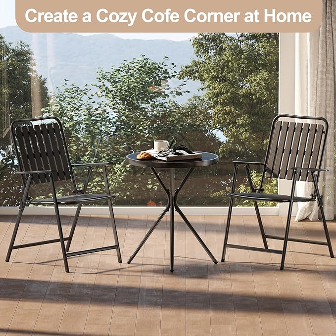 3 Piece Outdoor Bistro Set, Patio Table and Chairs Set of 2, Small Balcony Furniture with Glass Top Table, Folding Bistro Patio Set for Garden, Deck, Porch, Black Outdoor Furniture