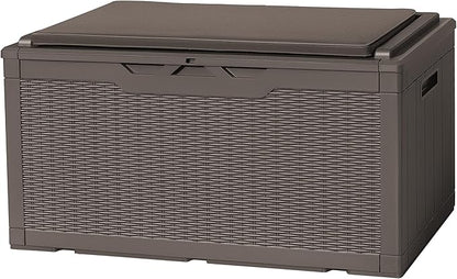 Flamaker Deck Box with Cushion 98 Gallon Waterproof Resin Storage Box with Air Rod Indoor Outdoor Lockable Storage Bench for Patio Furniture, Tools, Pool Accessories (Deep Brown)