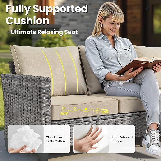 ovios 10 Pieces Patio Furniture Set, Outdoor Wicker Sofa Couch with Rocking Swivel Chairs Solar Lights Table Fire Pit, Modern Deep Seat Rattan Conversation Sets, Beige