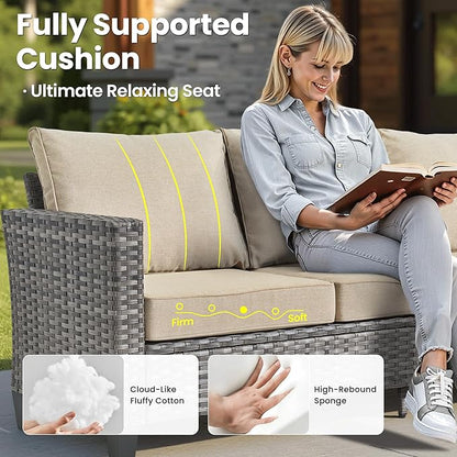 ovios 10 Pieces Patio Furniture Set, Outdoor Wicker Sofa Couch with Rocking Swivel Chairs Solar Lights Table Fire Pit, Modern Deep Seat Rattan Conversation Sets, Beige