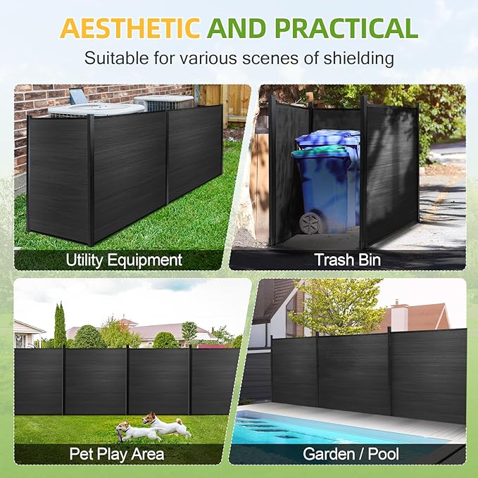 Mondaria Fence Privacy Screen with 8ft In-ground Posts, 6ft(H) x12ft(W) Wood Plastic Composite Fence Panels Weather-Resistant Outdoor Fence for Backyard/Garden (Black, 3 Posts)
