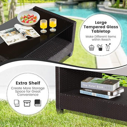 HAPPYGRILL 4 Pieces Patio Furniture Set Outdoor PE Rattan Conversation Set with 2-Tier Coffee Table, Extra Storage Shelf and Cushions, Patio PE Wicker Sofa Set for Garden Backyard Poolside