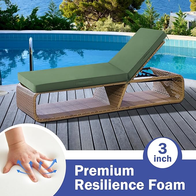 Chaise Lounge Cushions Outdoor, Waterproof Lounge Chair Cushion, 80x 26x 3 Inch Outdoor Chair Cushions with Ties, High-Density Foam Patio Lounge Chair Pads for Lawn, Pool & Beach, Forest Green