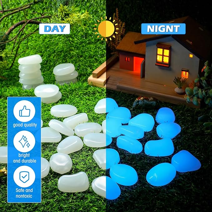 Landical 100 Pcs Large Glow in The Dark Rocks Pebbles Outdoor Fish Tank Rocks Aquarium Gravel Luminous Stones for Walkway Succulent Plant Halloween Decor (White,1.8 Inch)