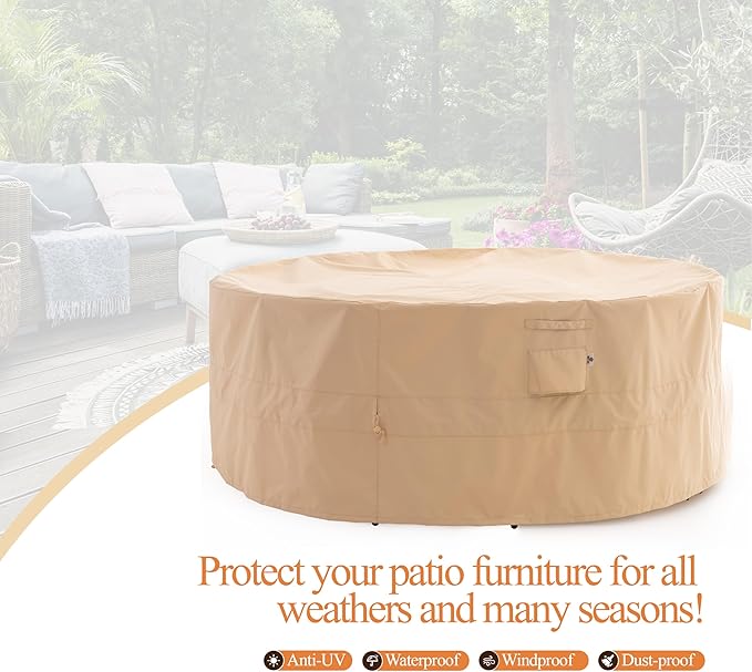 WJ-X3 Round Patio Furniture Cover, 84" D x 31" H, Waterproof, UV Resistant, Anti-Fading Outdoor Cover for Round Dining Table and Chairs Set, Beige