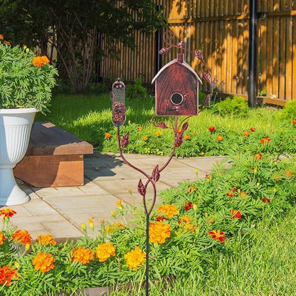 49" Bird Houses for Outside with Pole, Outdoor Metal Birdhouse with Mesh Feeder for Patio, Yard, Garden(Antique Bronze)