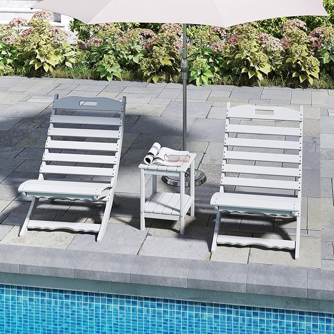 GREENVINES 3 Pieces Patio Furniture Set | Outdoor Bistro Sets for 2 | HDPE Plastic | Folding-Adirondack-Chairs-with-Side-Table | All Weather | Xavier Chair | for Porch Deck Poolside Backyard | White