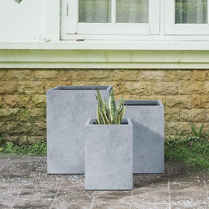 Kante 18.5",15.7",12.6" H Tall Rectangular Concrete Planters Set of 3, Outdoor Indoor Lightweight Plant Pots with Drainage Hole and Rubber Plug, Modern Style for Home Garden Patio, Slate Gray