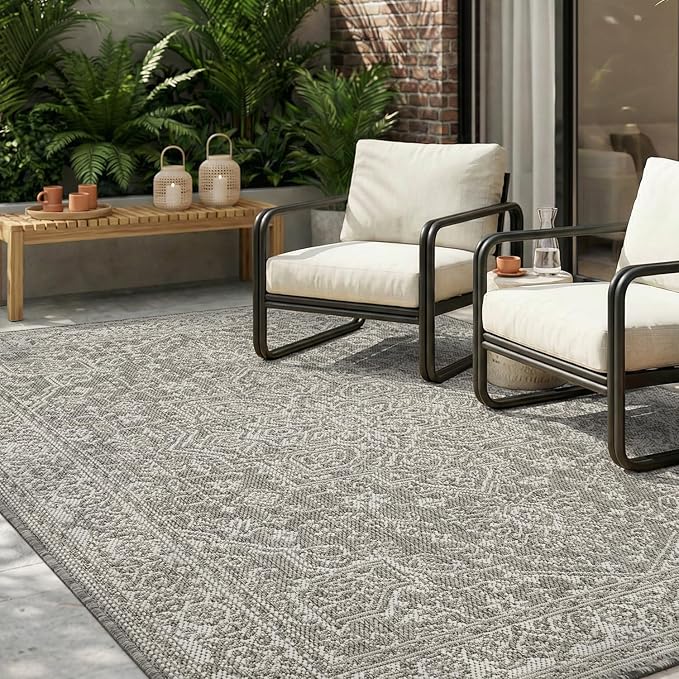 MontVoo-Outdoor Rug-Patio Rug 8x10 Polypropylene Indoor Outdoor Rugs Carpet for Patio Deck Balcony Porch, Textured Weave, Durable for High Traffic, Fade-Resistant, Vintage Medallion Silver Grey