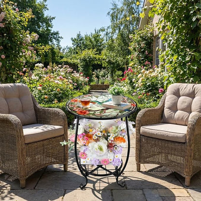 Cinnvoice Outdoor Side Table Round Small Mosaic Patio Accent Indoor End Plant Coffee Tea Table for Yard Patio Porch Garden Living Room, Bedroom(Hummingbird A Style,14 Inch)